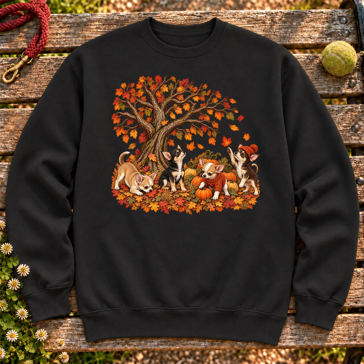 Four Chihuahua puppies with pumpkins beneath an autumn tree on a Black crewneck sweatshirt