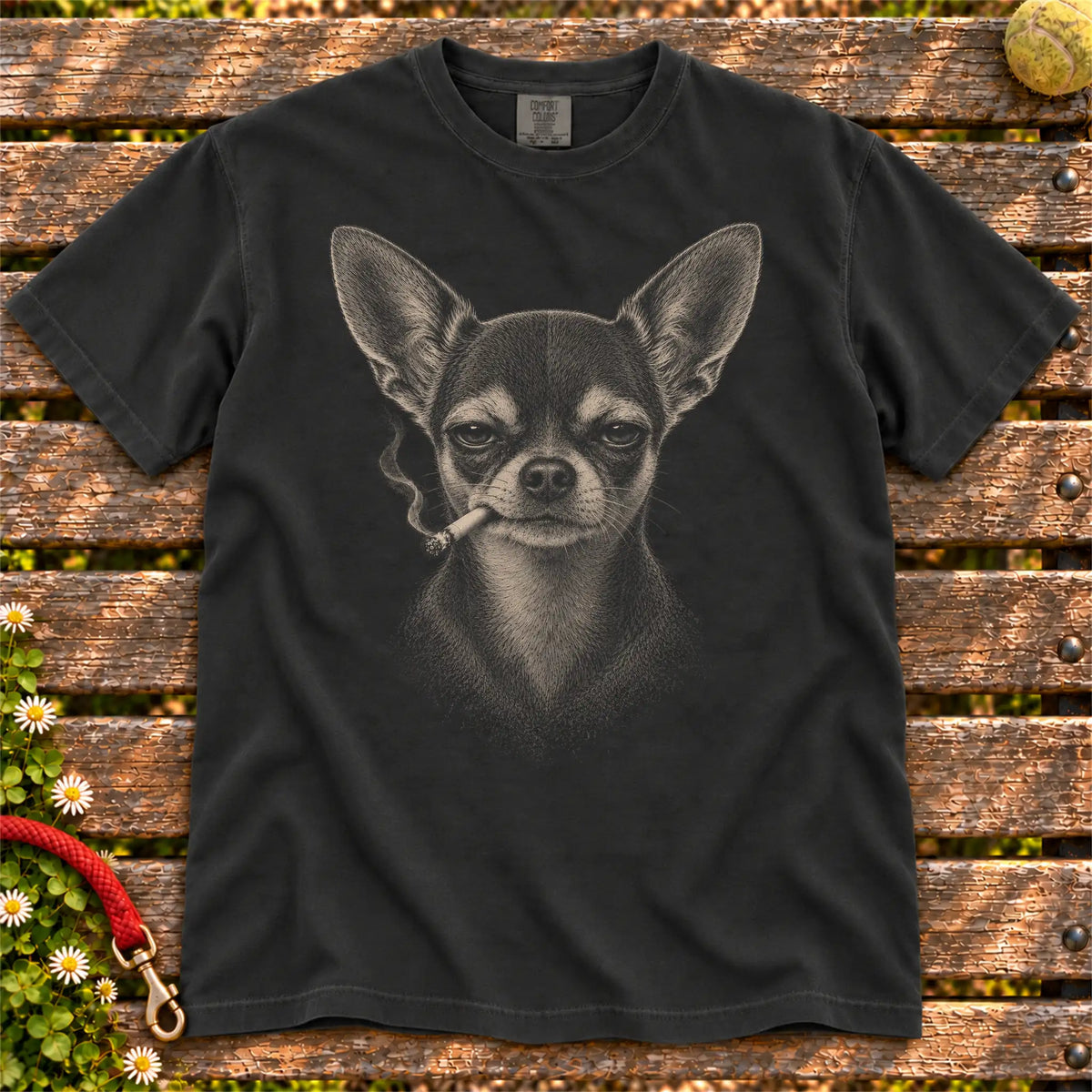 Chihuahua smoking design on a Black t-shirt