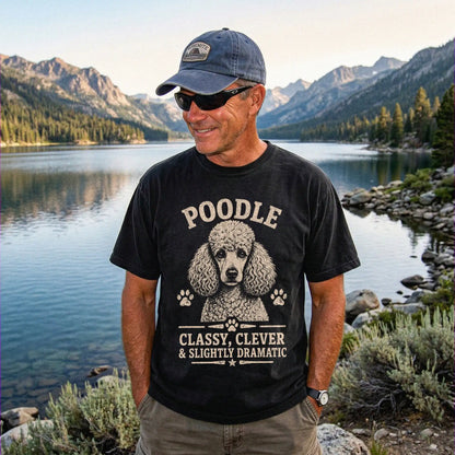Model wearing a Black Comfort Colors® T-shirt featuring Poodle design with “Classy, Clever & Slightly Dramatic” lettering