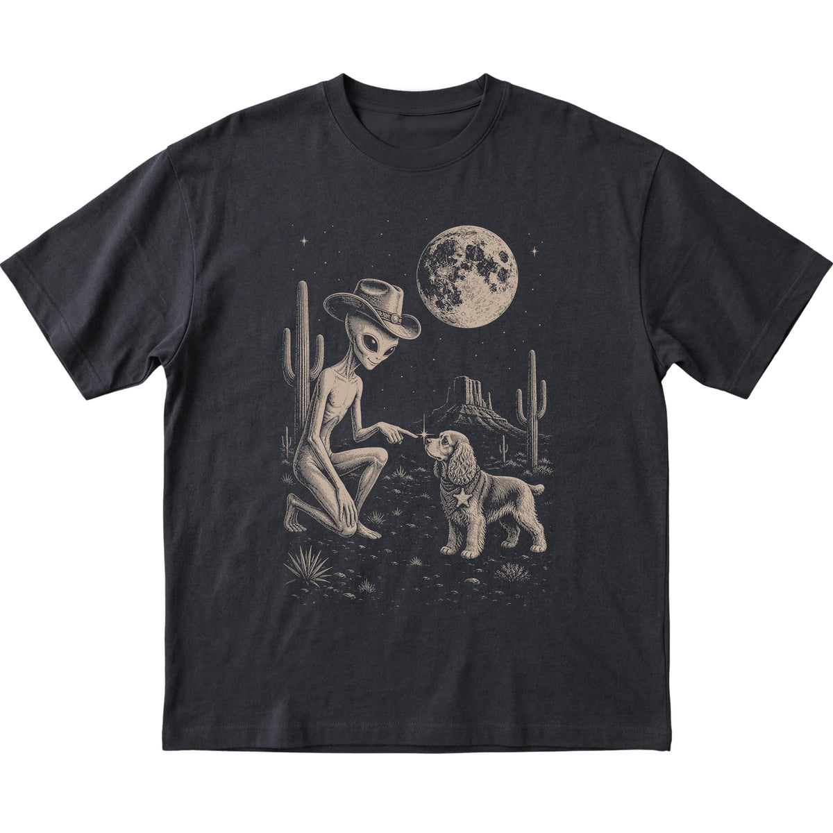 Black T-shirt featuring Cocker Spaniel Cowboy and Alien, laid-flat presentation