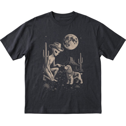 Black T-shirt featuring Cocker Spaniel Cowboy and Alien, laid-flat presentation