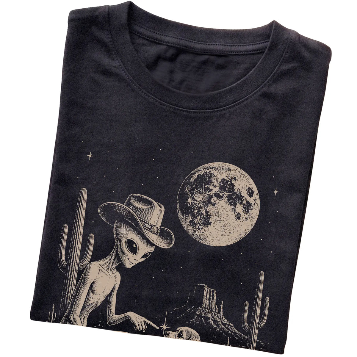 Black T-shirt featuring Cocker Spaniel Cowboy and Alien, folded presentation