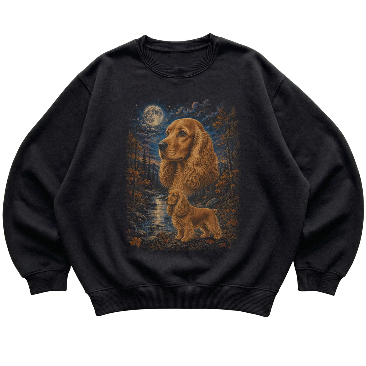 black sweatshirt with Cocker Spaniel Autumn Moon artwork.