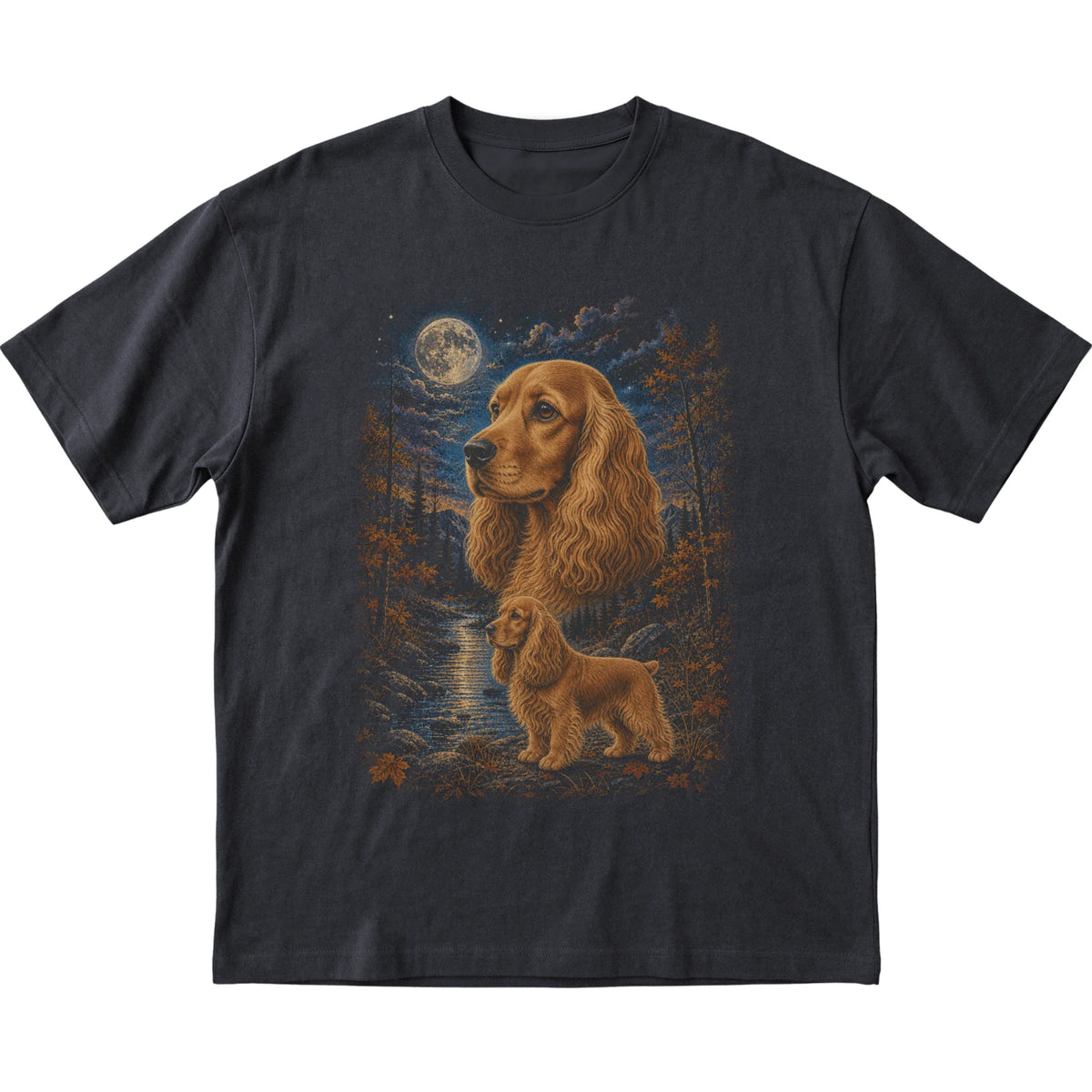 black T-shirt with Cocker Spaniel Autumn Moon artwork.