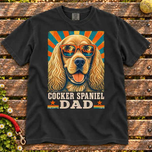 Cocker Spaniel Dad Retro design on a Black Comfort Colors T-shirt, shown flat