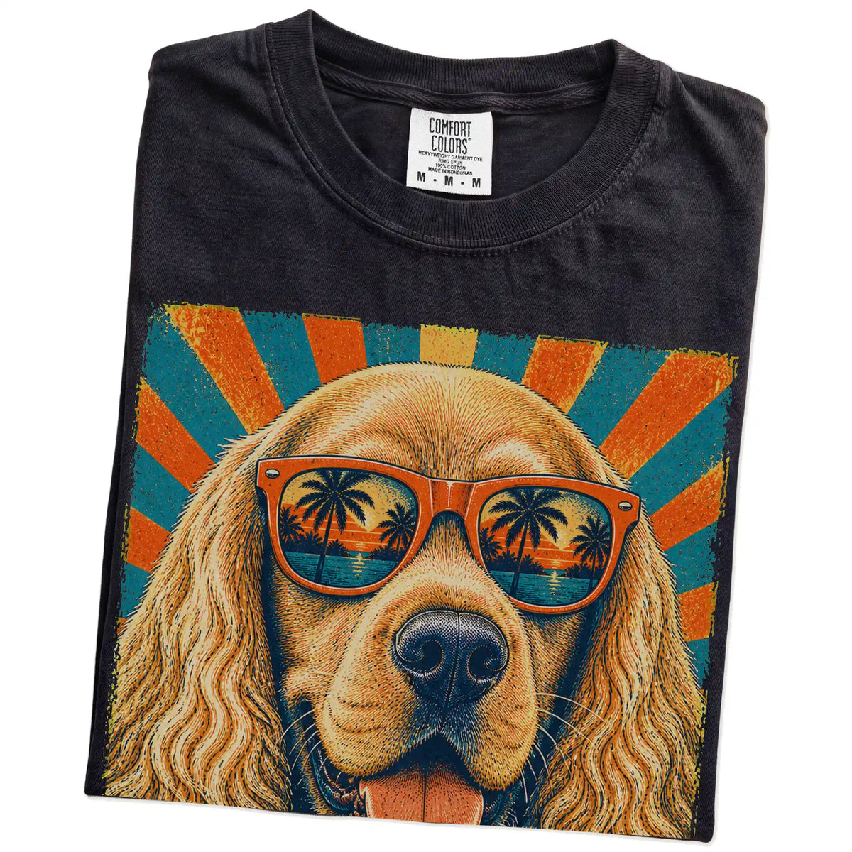 Retro Cocker Spaniel Dad design on a Black Comfort Colors T-shirt folded detail