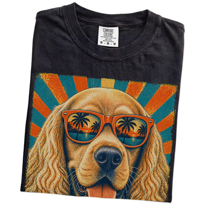 Retro Cocker Spaniel Dad design on a Black Comfort Colors T-shirt folded detail