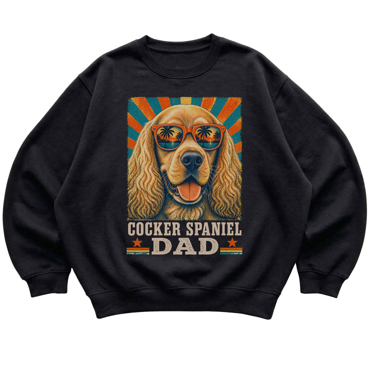Retro Cocker Spaniel Dad design on a Black crewneck sweatshirt