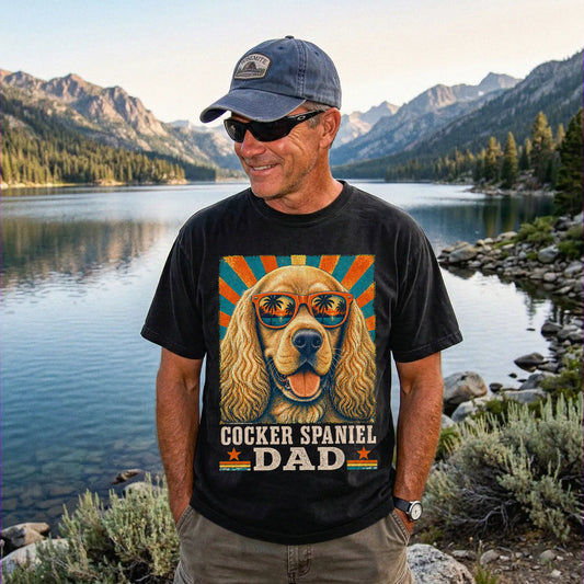 Retro Cocker Spaniel Dad design on a Black Comfort Colors T-shirt worn by a model