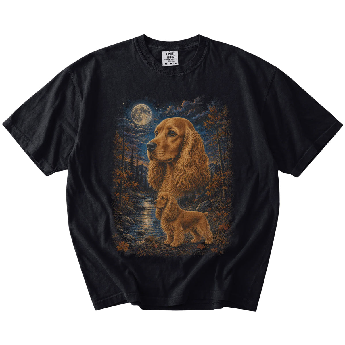 Cocker Spaniel in a moonlit fall forest scene on a Black Comfort Colors® t-shirt
