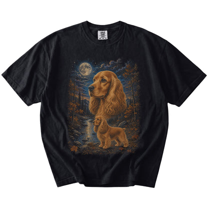 Cocker Spaniel in a moonlit fall forest scene on a Black Comfort Colors® t-shirt
