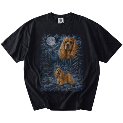 Cocker Spaniel in a snowy winter forest on a Black t-shirt