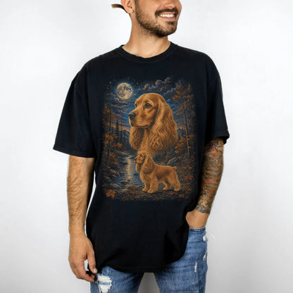 Model wearing a Black Comfort Colors® t-shirt featuring Cocker Spaniel in a moonlit fall forest