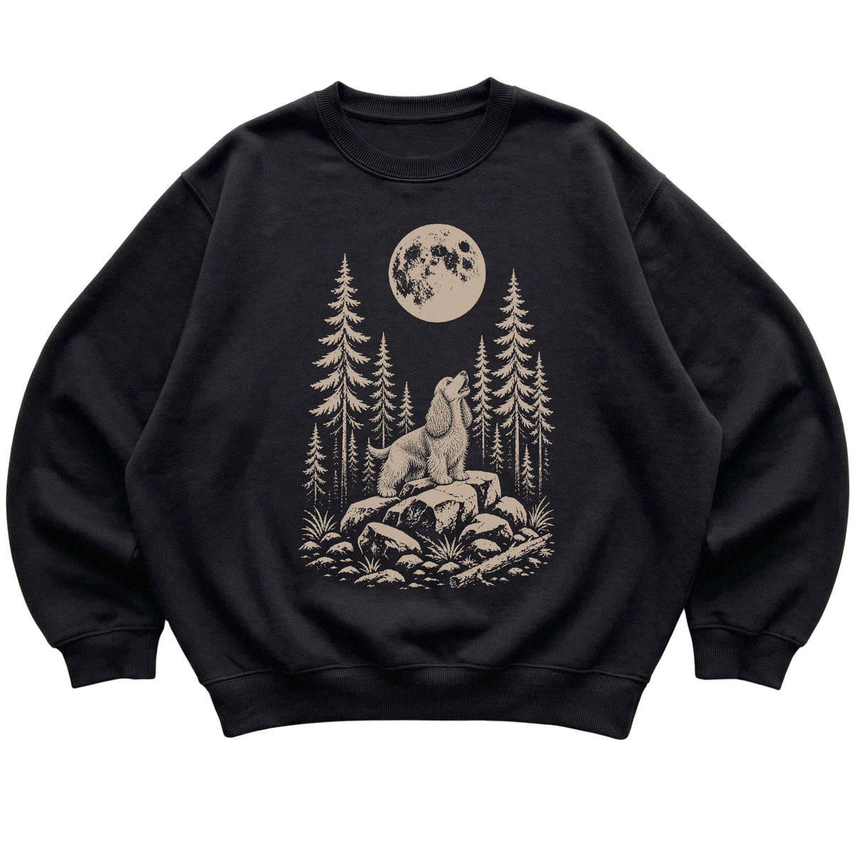Close view of Cocker Spaniel Howling at the Moon artwork on Black crewneck sweatshirt
