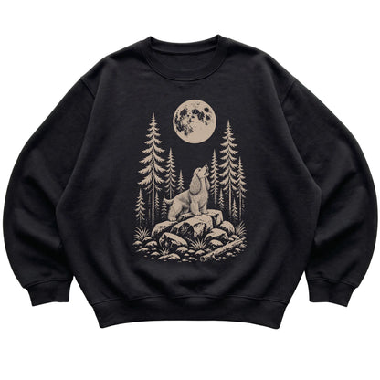 Close view of Cocker Spaniel Howling at the Moon artwork on Black crewneck sweatshirt