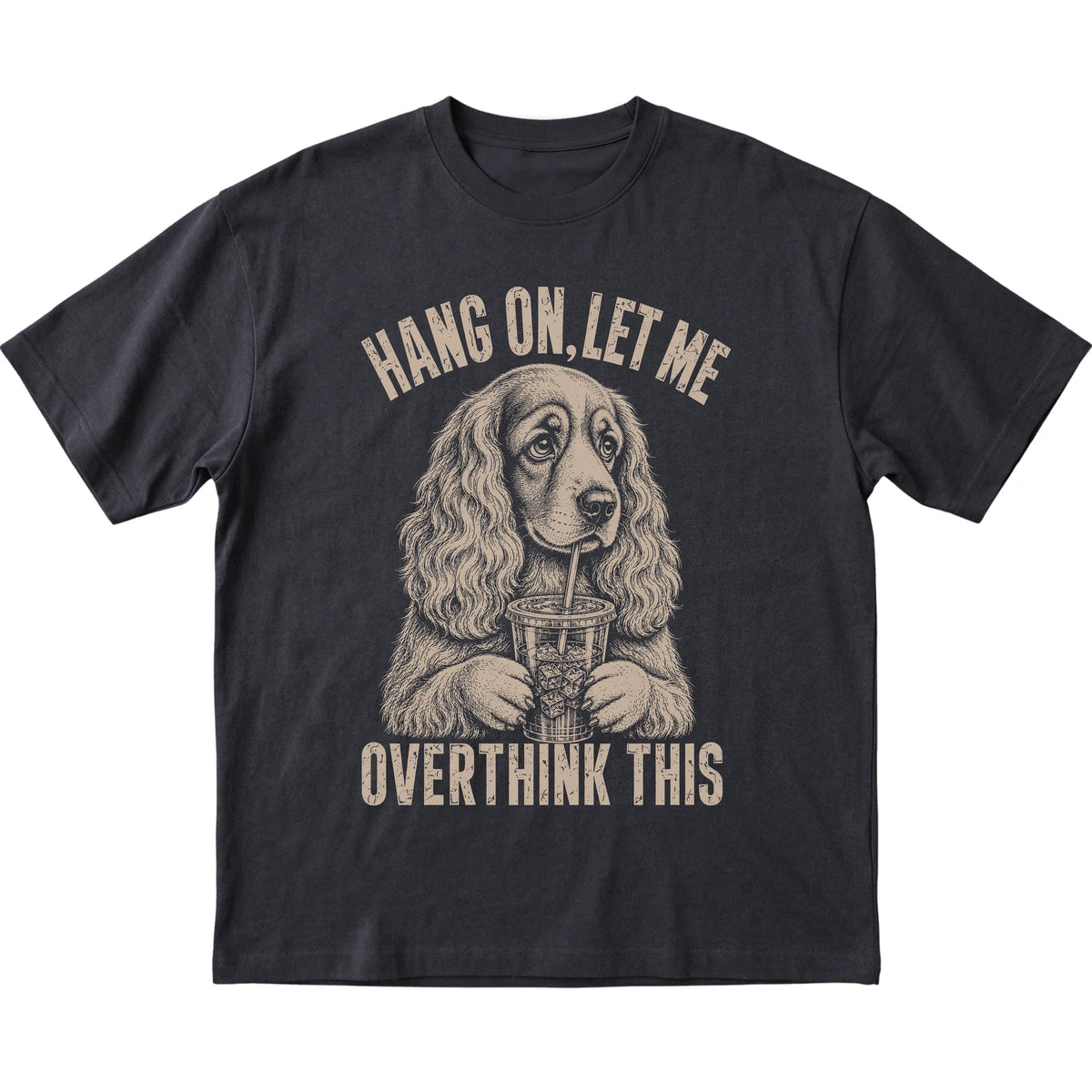 Black T-shirt featuring Overthinking Cocker Spaniel, laid-flat presentation