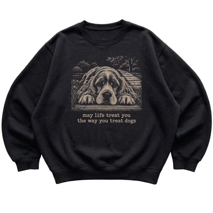 Cocker Spaniel Karma crewneck sweatshirt in Black — Flat Lay