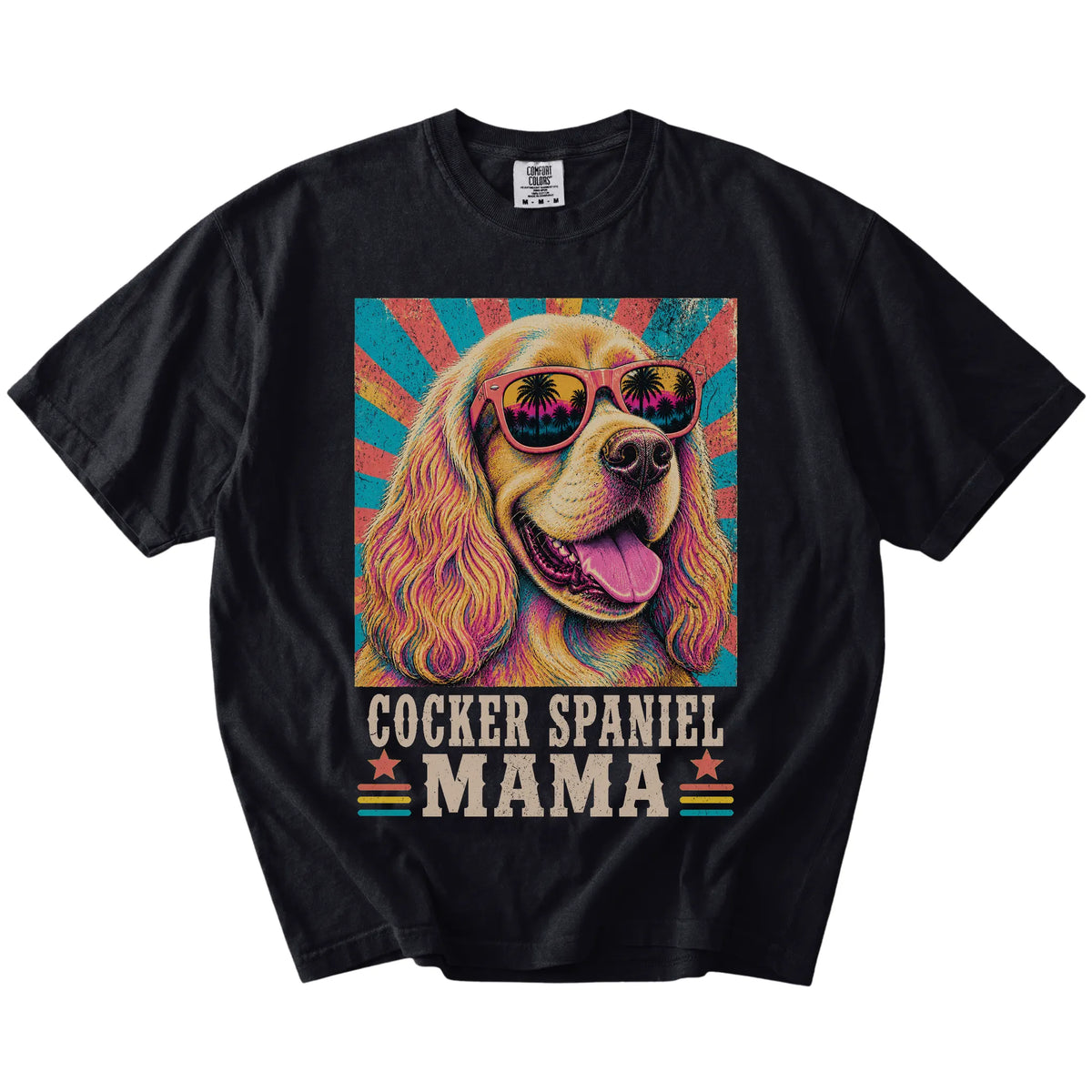 Retro Cocker Spaniel Mama design on a Black Comfort Colors T-shirt