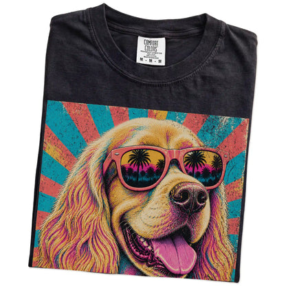 Retro Cocker Spaniel Mama design on a Black Comfort Colors T-shirt folded detail