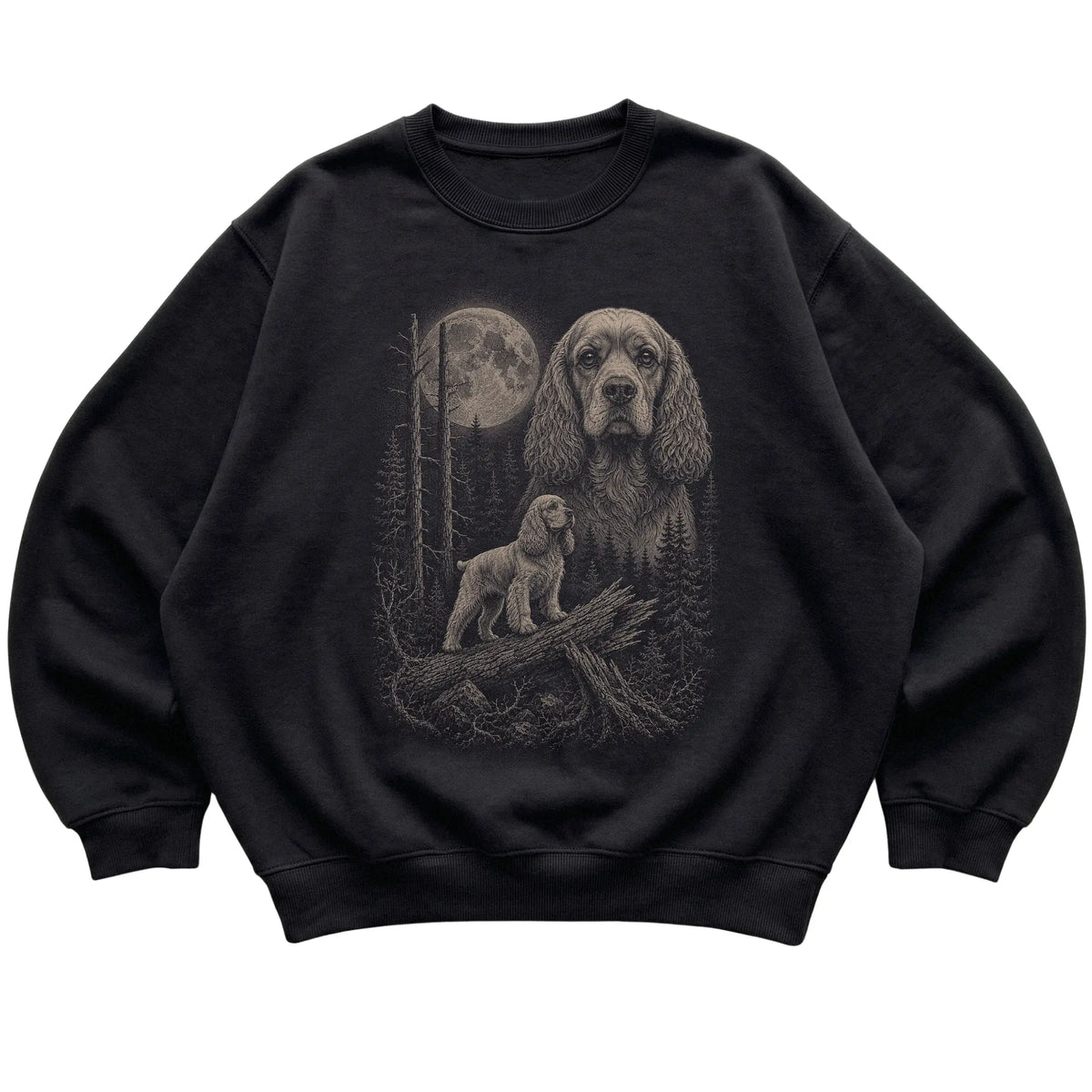 Cocker Spaniel Moonlit Forest graphic on a black crewneck sweatshirt laid flat