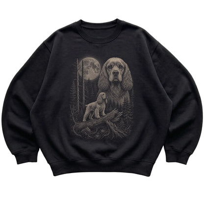 Cocker Spaniel Moonlit Forest graphic on a black crewneck sweatshirt laid flat