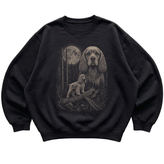 Cocker Spaniel Moonlit Forest graphic on a black crewneck sweatshirt laid flat