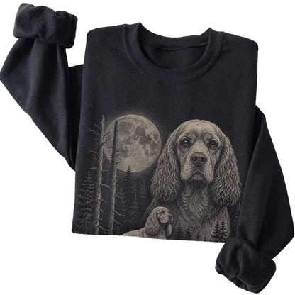 Folded black crewneck sweatshirt showing the Cocker Spaniel Moonlit Forest graphic