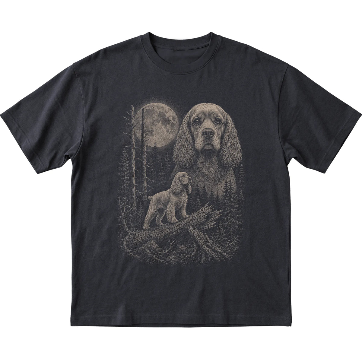 Cocker Spaniel Moonlit Forest graphic on a black Softstyle T-shirt laid flat