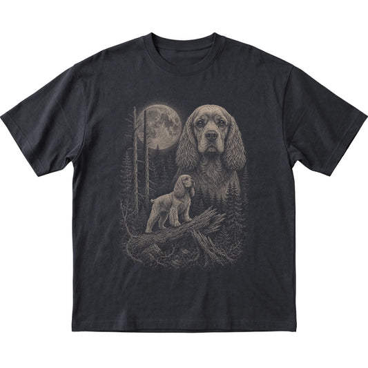 Cocker Spaniel Moonlit Forest graphic on a black Softstyle T-shirt laid flat