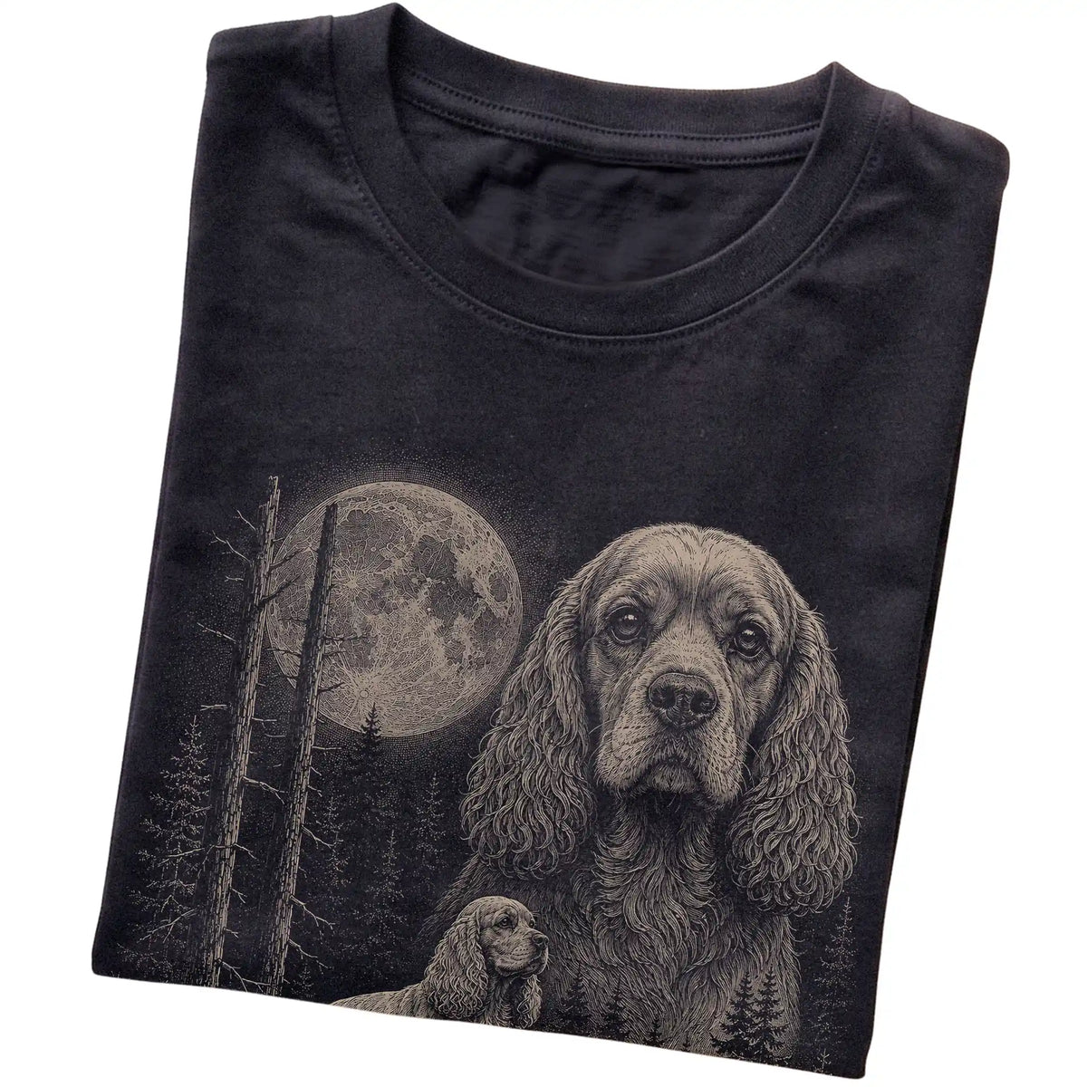 Folded black Softstyle T-shirt showing the Cocker Spaniel Moonlit Forest graphic