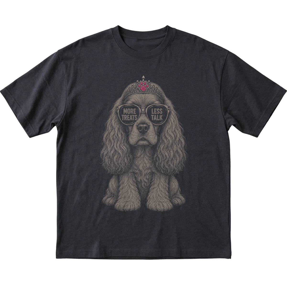 Black Cocker Spaniel More Treats Less Talk T-Shirt laid flat