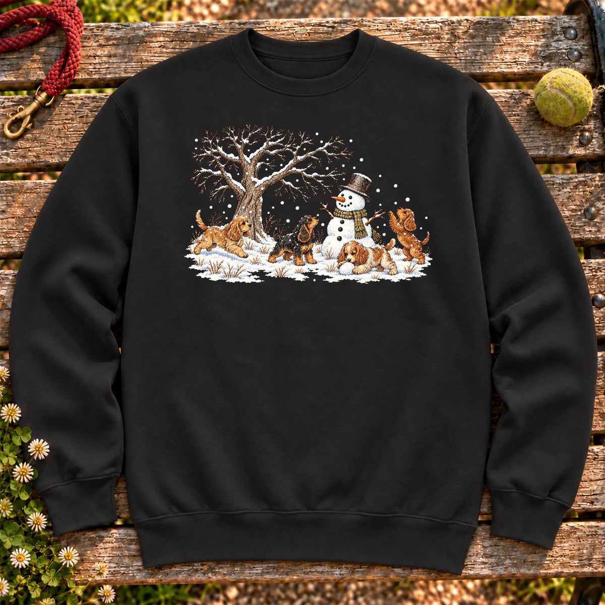 Cocker Spaniel puppies playing in snow with a snowman on a Black sweatshirt