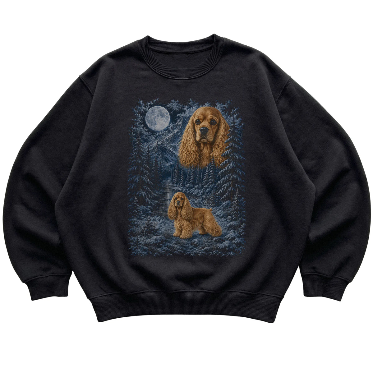 black sweatshirt with Cocker Spaniel Winter Moon artwork.