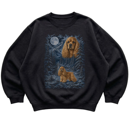 black sweatshirt with Cocker Spaniel Winter Moon artwork.