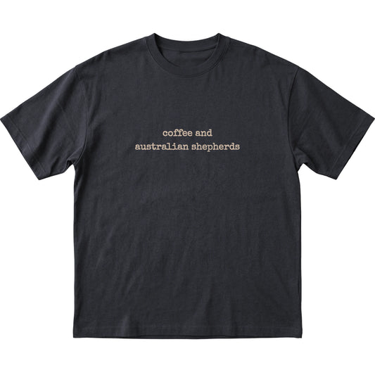 Black Coffee and Australian Shepherds T-shirt laid flat