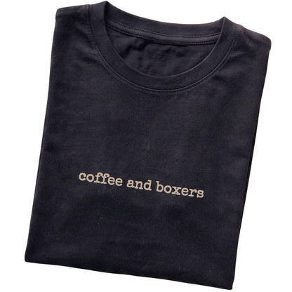 Black Coffee and Boxers T-shirt folded to show the printed design