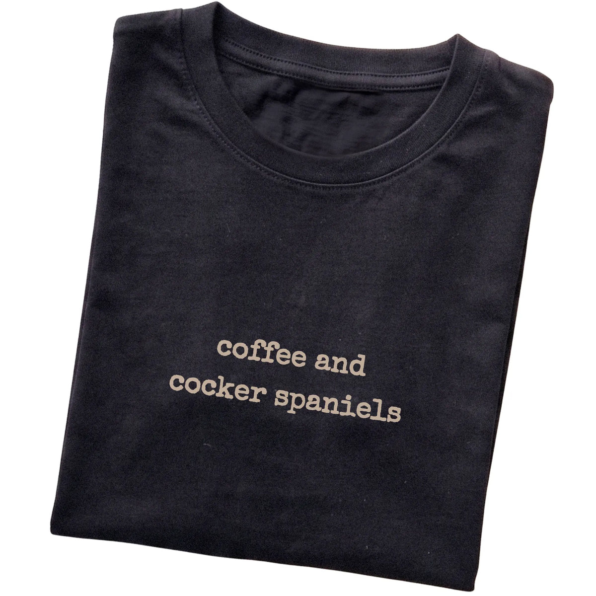 Black Coffee and Cocker Spaniels T-shirt folded to show the printed design