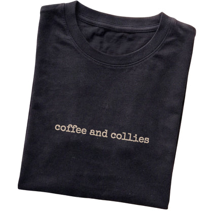 Black Coffee and Collies T-shirt folded to show the printed design