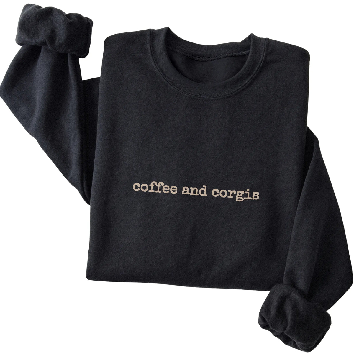 Black Coffee and Corgis sweatshirt folded to show the printed design