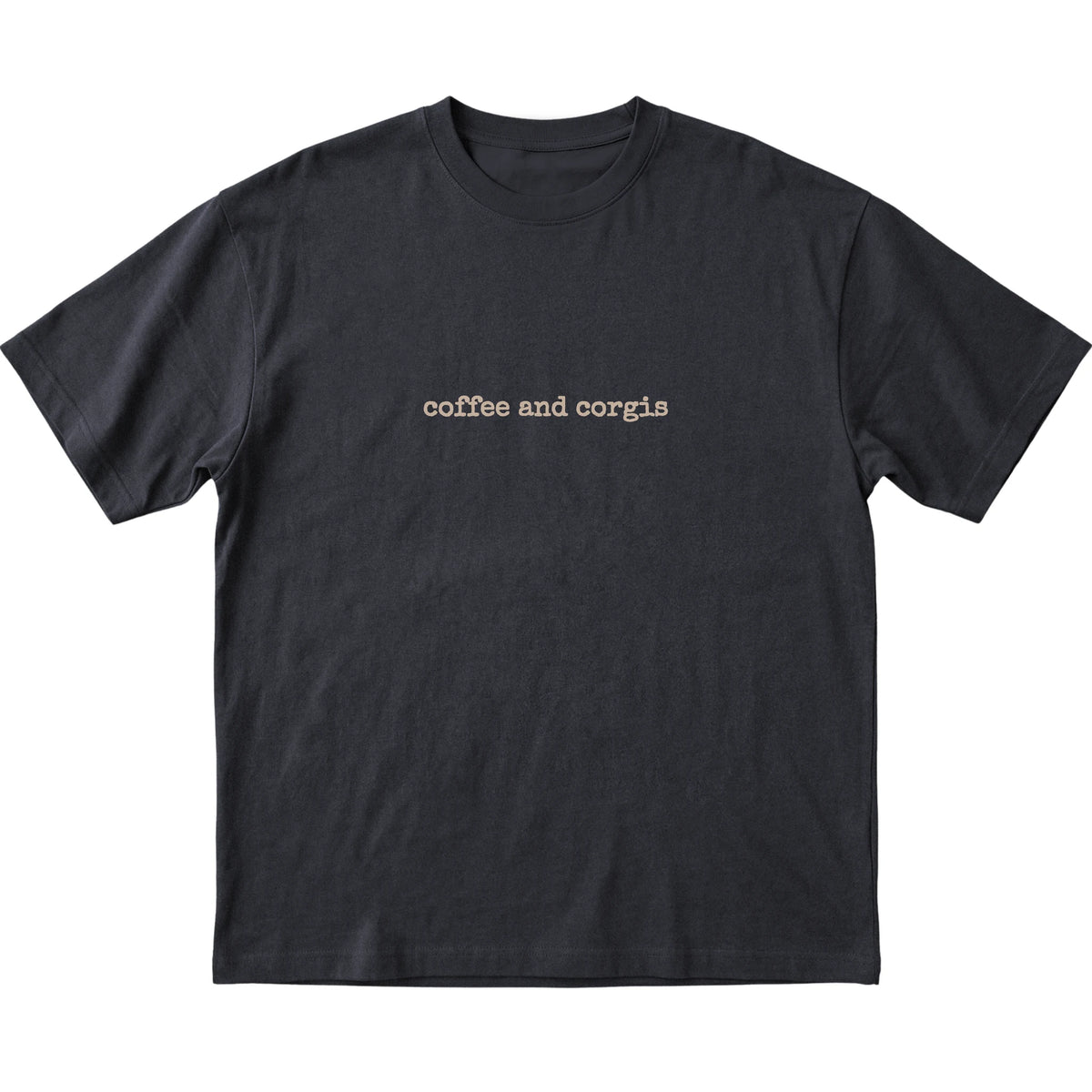 Black Coffee and Corgis T-shirt laid flat