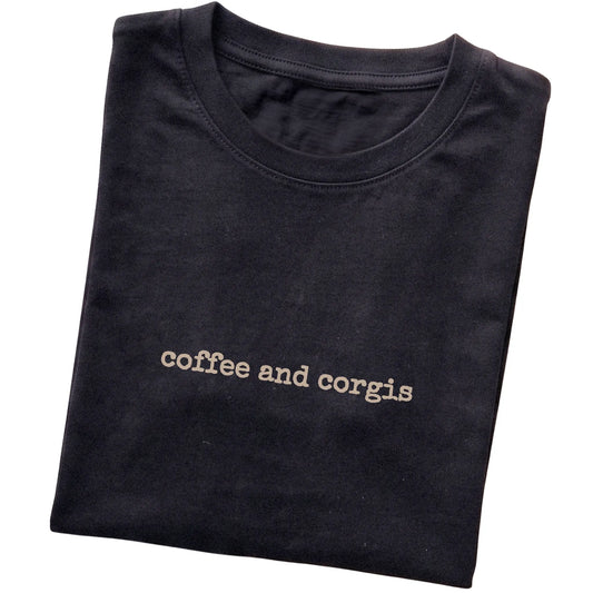 Black Coffee and Corgis T-shirt folded to show the printed design