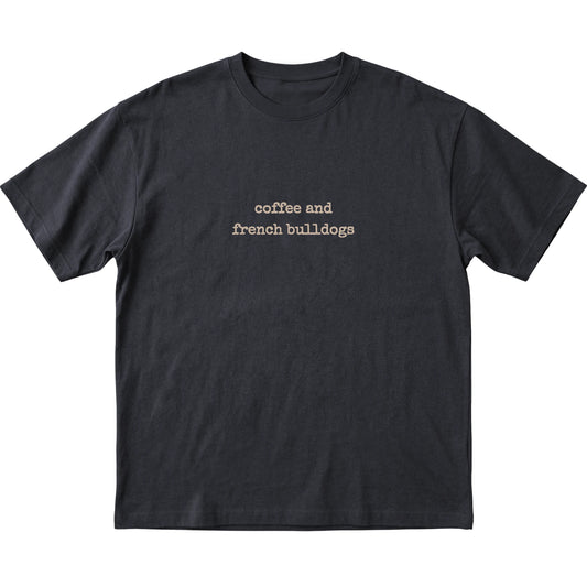 Black Coffee and French Bulldogs T-shirt laid flat