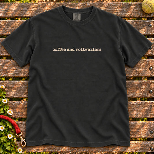 Rottweiler Coffee and Rottweilers on a Black T-shirt, shown flat