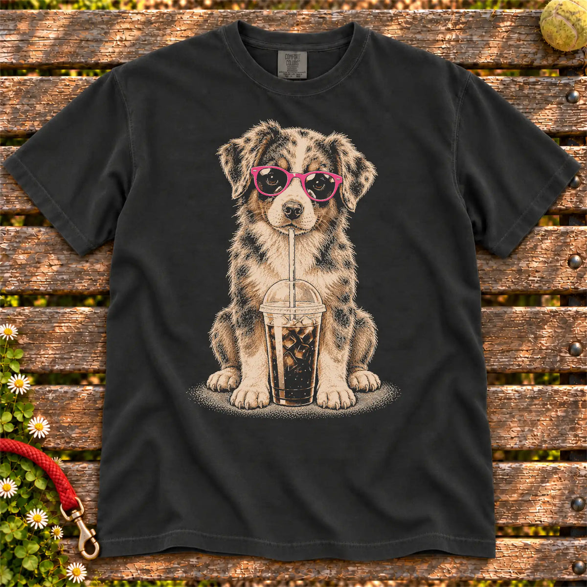 Black Comfort Colors® T-shirt featuring the Australian Shepherd Cold Coffee design.