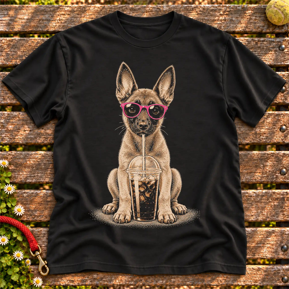 Belgian Malinois drinking cold coffee in pink sunglasses on Black T-shirt