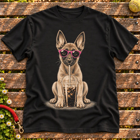 Belgian Malinois drinking cold coffee in pink sunglasses on Black T-shirt