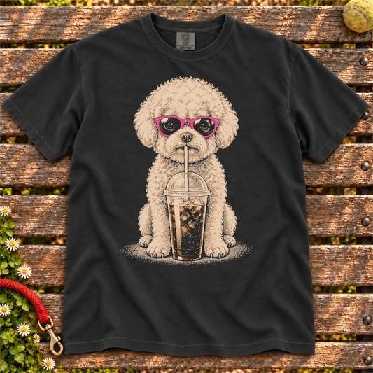 Black Comfort Colors® T-shirt featuring the Bichon Frise Cold Coffee design.
