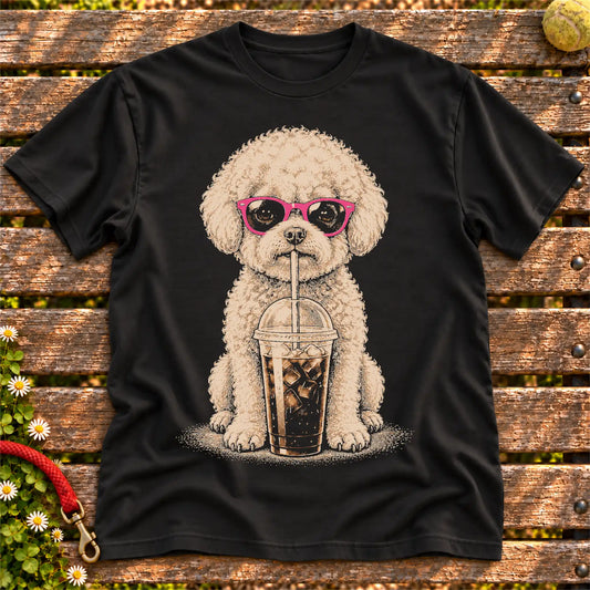 Bichon Frise drinking cold coffee in pink sunglasses on Black T-shirt