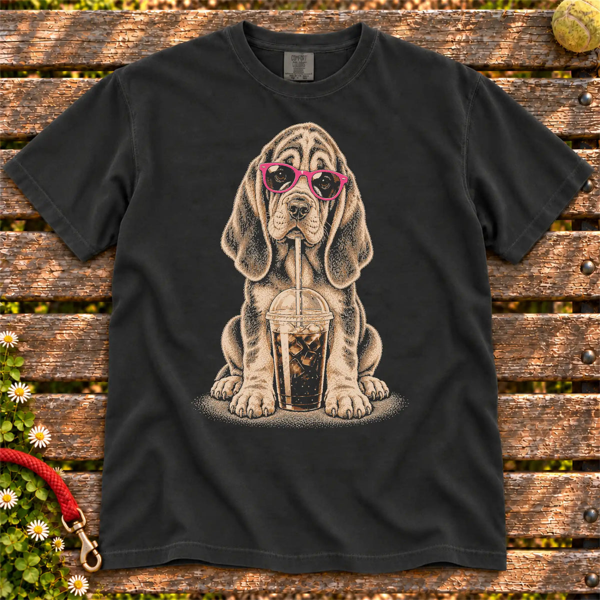 Black Comfort Colors® T-shirt featuring the Bloodhound Cold Coffee design.