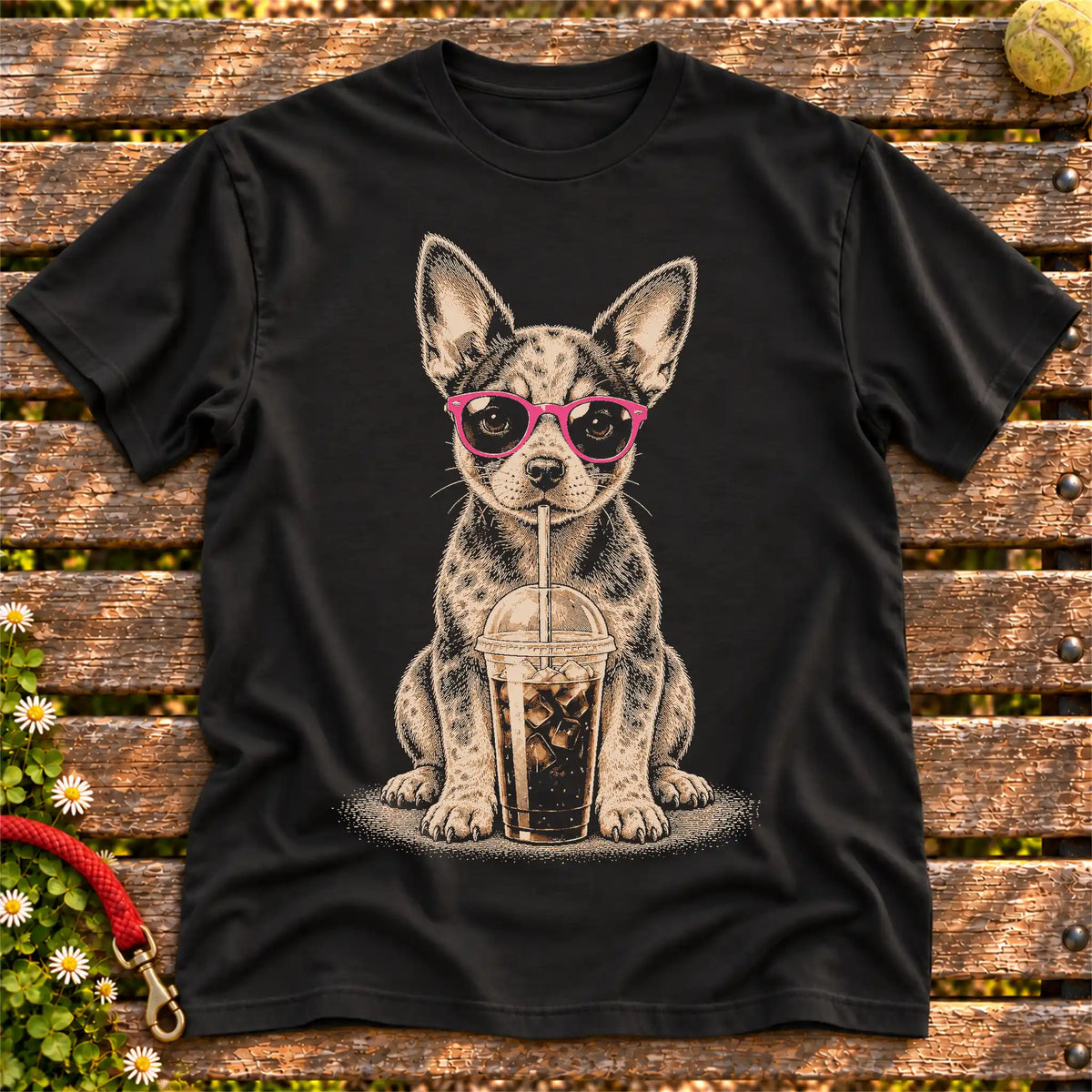 Blue Heeler drinking cold coffee in pink sunglasses on Black T-shirt